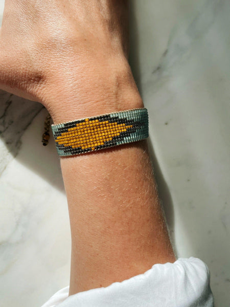 Sue Bracelet. Turquoise, silver and mustard beaded bracelet. Carmen Salvador Handmade Jewelry. Miyuki beads